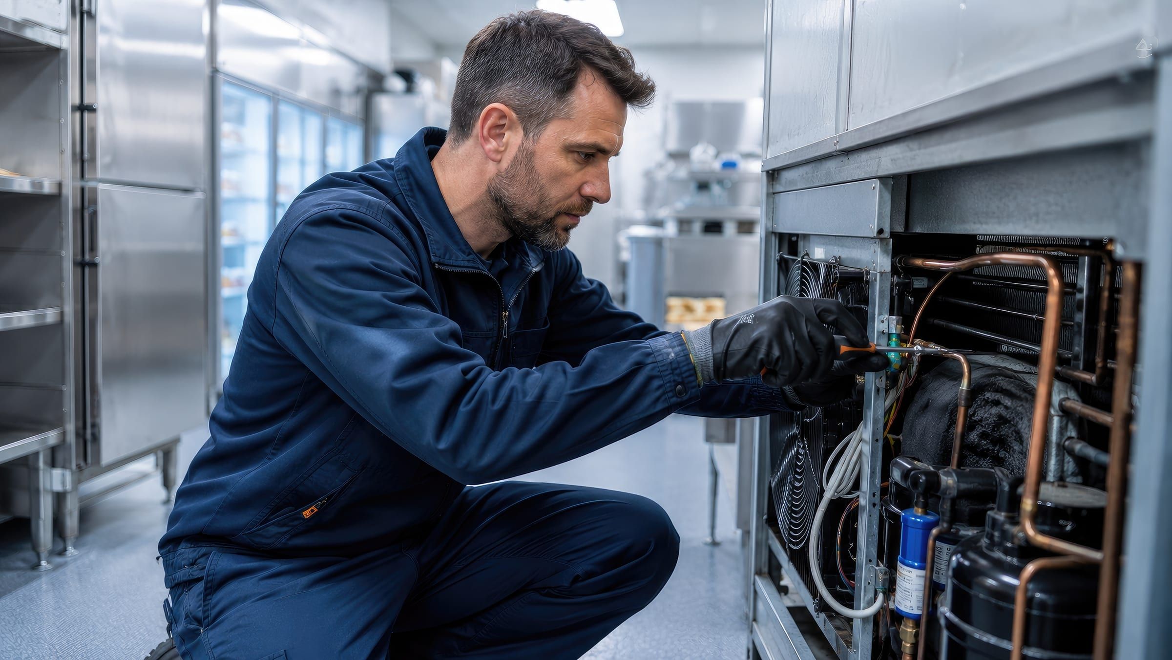 Technician servicing a commercial refrigeration unit